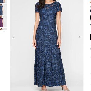 Alex Evenings Dress Womens Navy Blue Evelyn Rosette Lace Long Gown Size 16